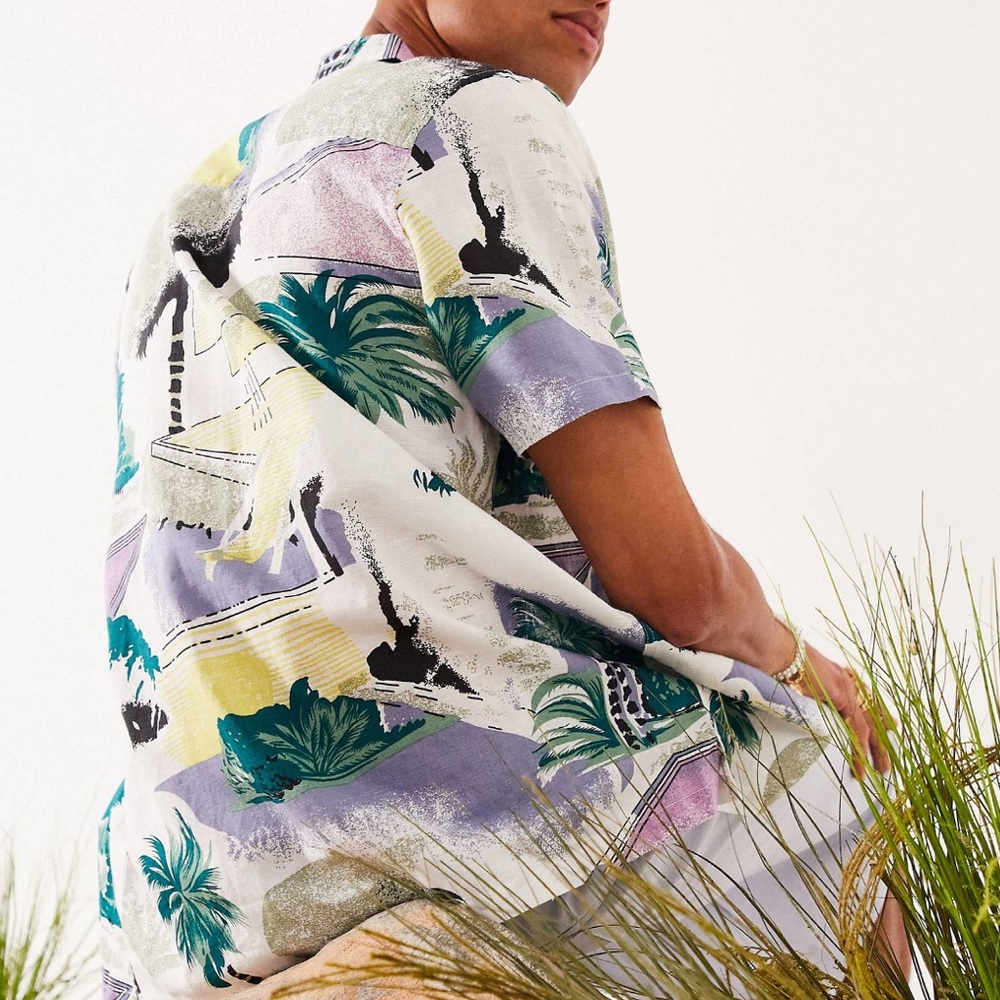 ASOS Design Relaxed Revere Linen Shirt in Placement Summer Print NWT